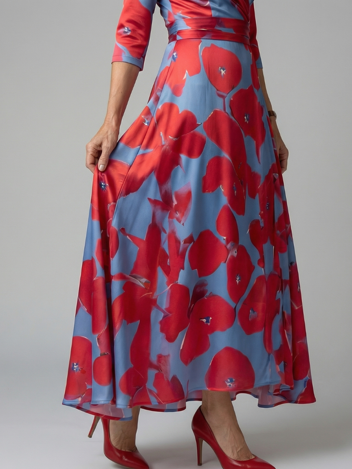 Close-up of vibrant floral print on an elegant women's cross wrap midi dress fabric.
