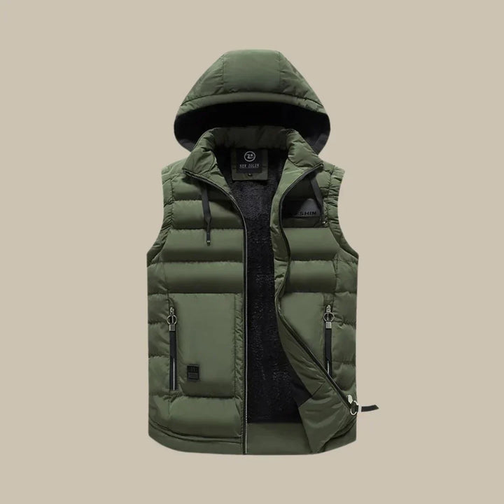 Versatile men's sleeveless jacket, insulated & padded for warmth in cold weather. Great for casual outdoor wear.
