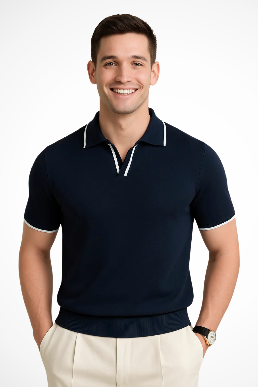 Men's slim fit navy polo shirt with stylish white contrast trim on collar & cuffs, perfect for smart casual look.