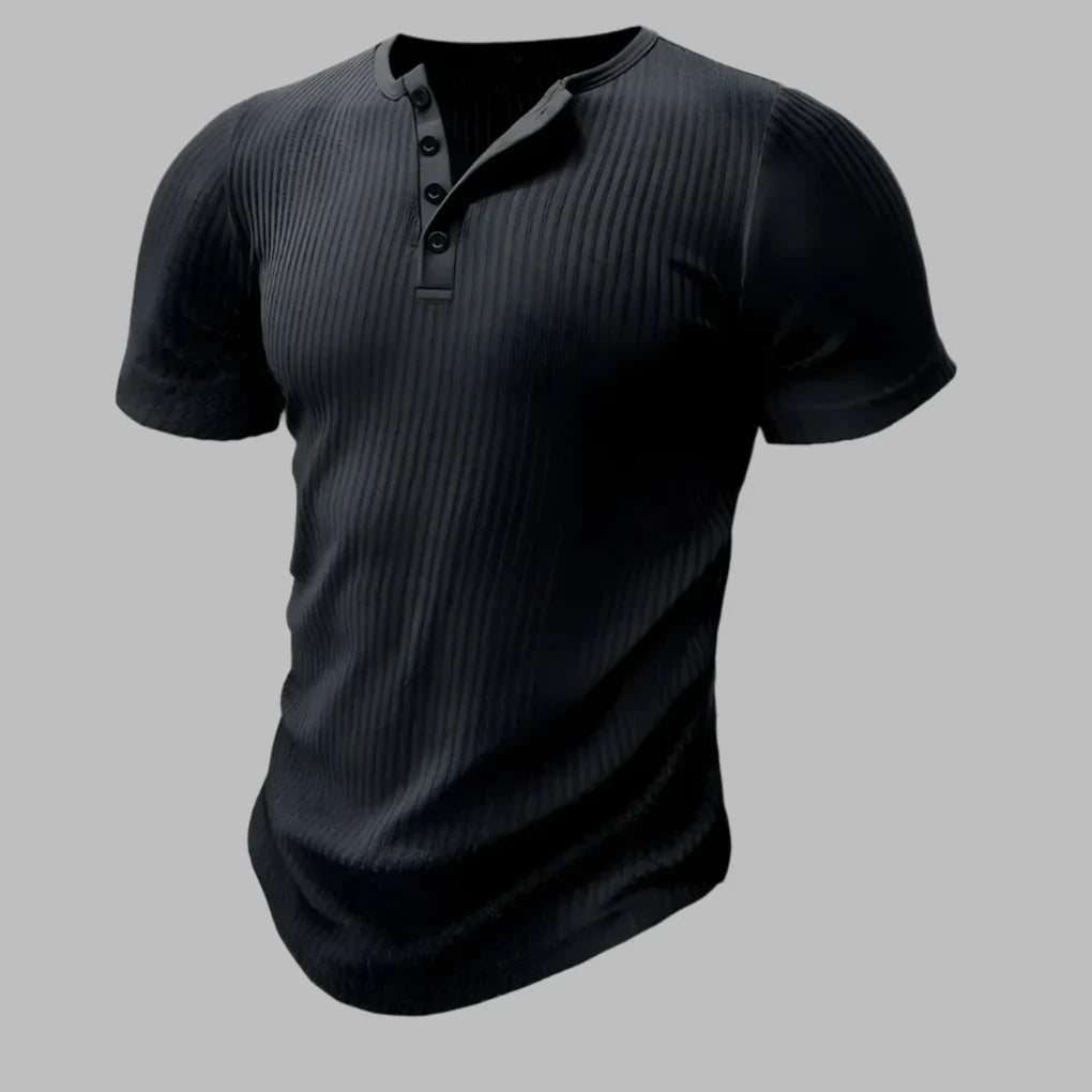 Stylish men's fitted Henley t-shirt, muscle-fit short sleeve athletic tee for sculpted look and comfort.
