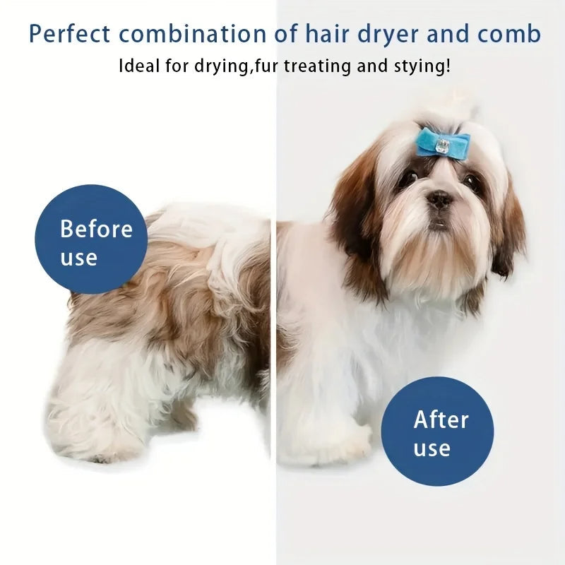 Ergonomic pet brush and hair dryer combo, designed for gentle, effective dog grooming & fur drying.