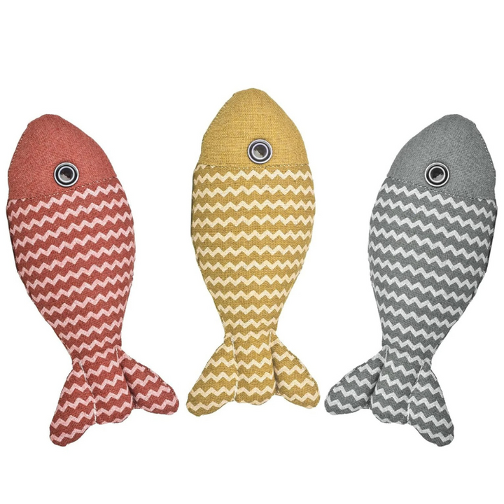 Vibrant FinFrenzy catnip fish toys 3-pack (red, yellow, gray). Plush, durable, and engaging for all cats & kittens.