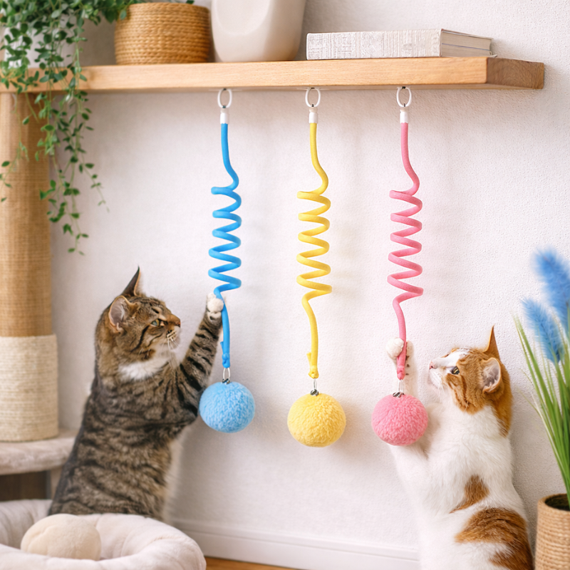3-pack interactive hanging cat toys for indoor cats: blue, yellow, pink plush for play & mental stimulation.