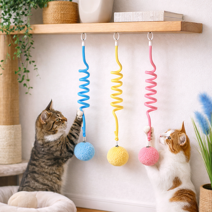 3-pack interactive hanging cat toys for indoor cats: blue, yellow, pink plush for play & mental stimulation.