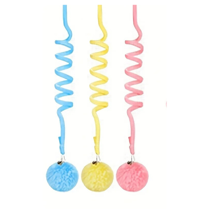 Colorful interactive hanging cat toys (blue, yellow, pink) for indoor cats. Plush toys for feline play & stimulation.