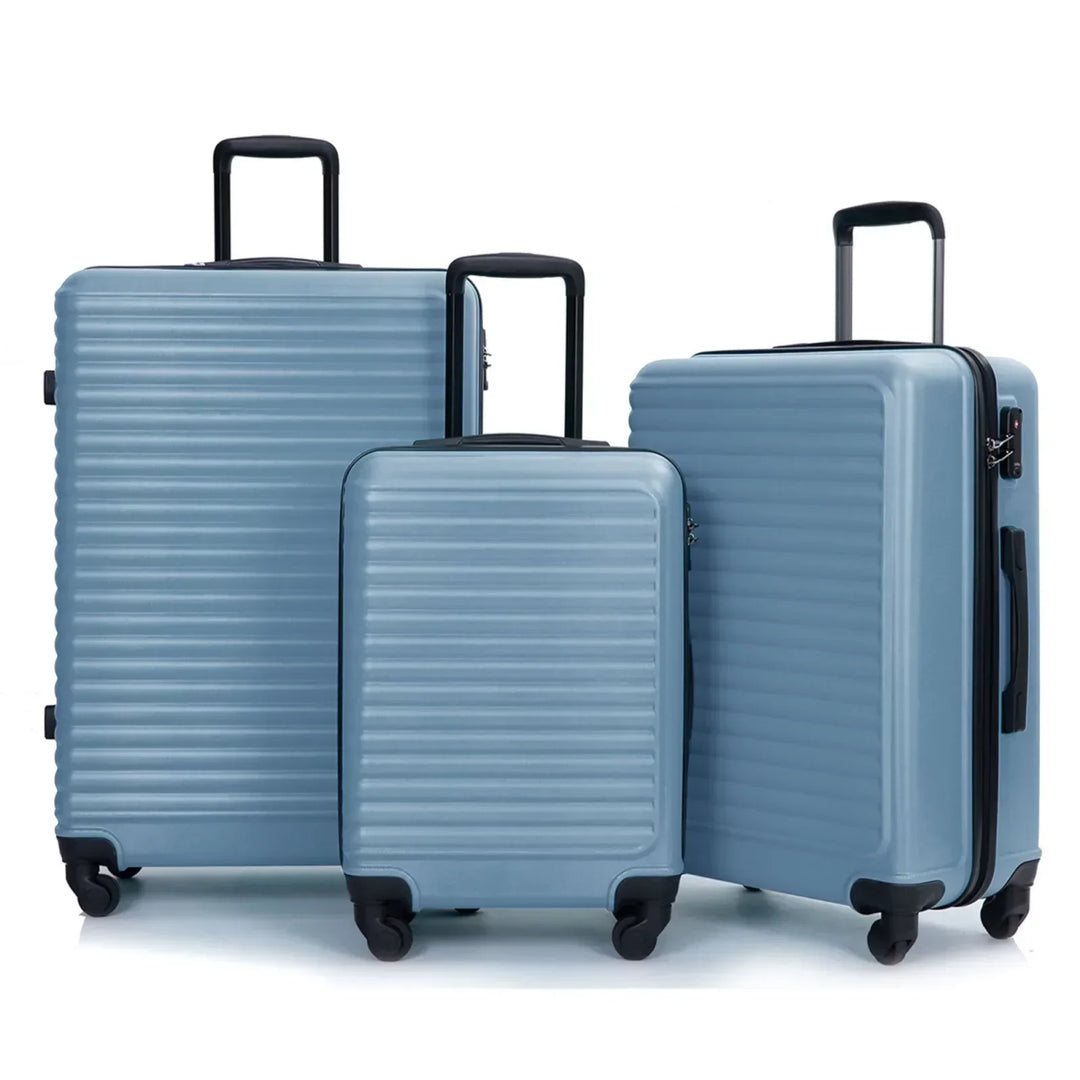 3-piece blue ABS hardshell luggage set with spinner wheels & TSA lock, perfect for travel & vacation.