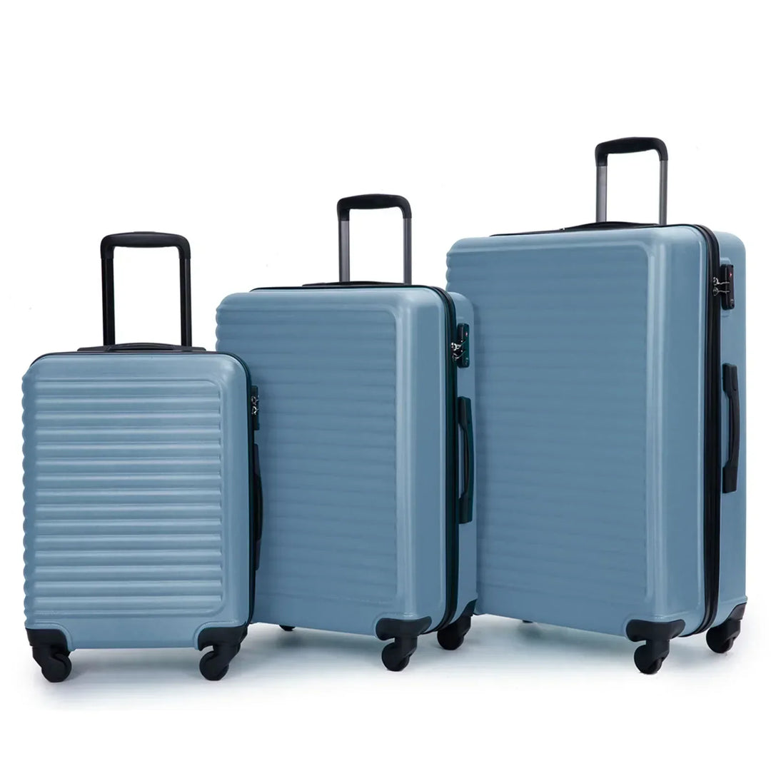 Durable blue ABS hardshell 3-piece luggage set for travel, featuring smooth spinner wheels & TSA locks.
