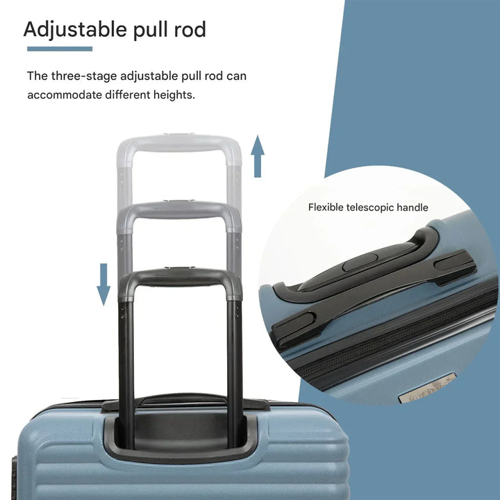 Complete 3-piece blue hardshell luggage set, offering versatile travel suitcases for family vacations.
