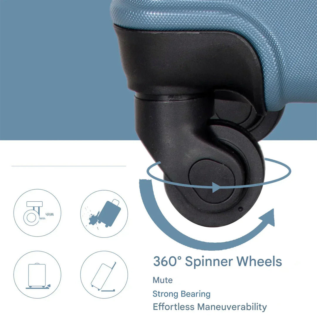 Secure 3-piece blue ABS hardshell travel luggage with TSA lock & multi-directional spinner wheels.