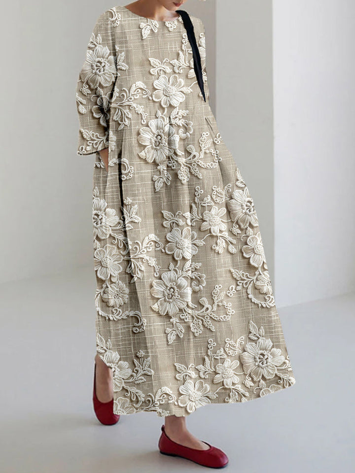 Flowy women's floral maxi dress with 3/4 sleeves, offering comfortable boho style for spring and summer.