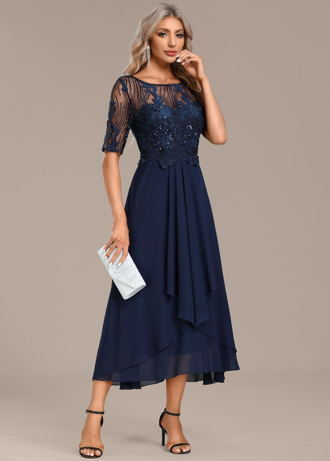 Elegant women's navy lace midi cocktail dress, a sophisticated choice for parties and special occasions.