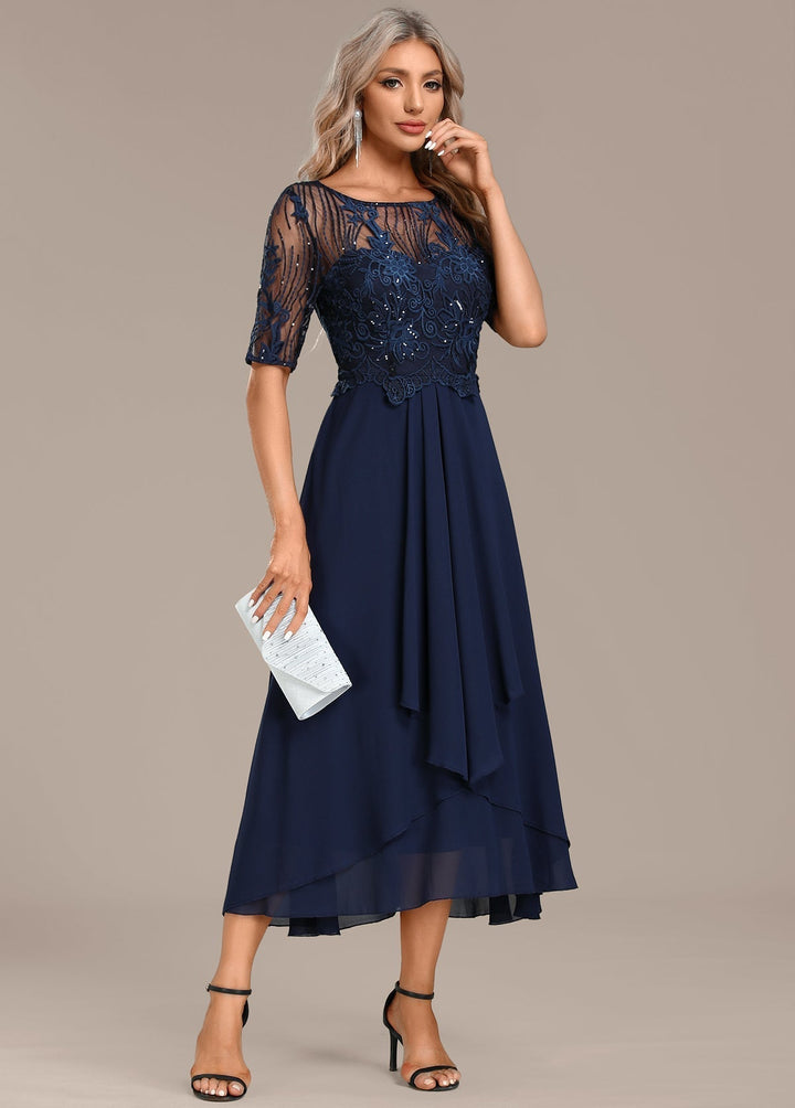 Elegant women's navy lace midi cocktail dress, a sophisticated choice for parties and special occasions.