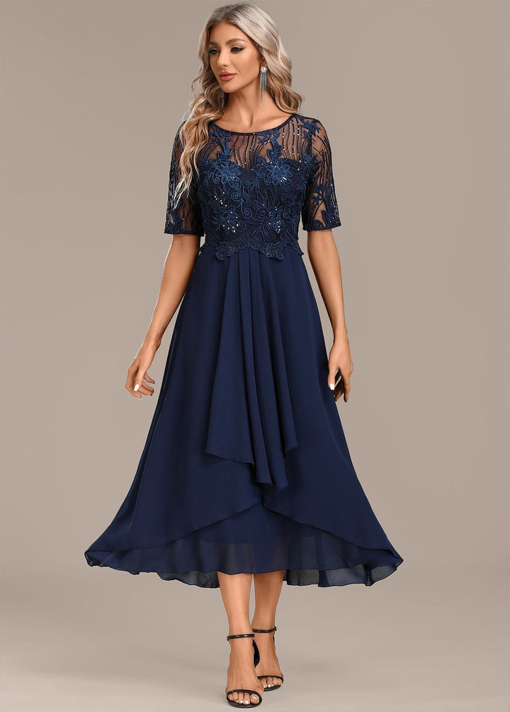 Navy elegant lace midi dress for women, perfect for cocktails & evening parties.