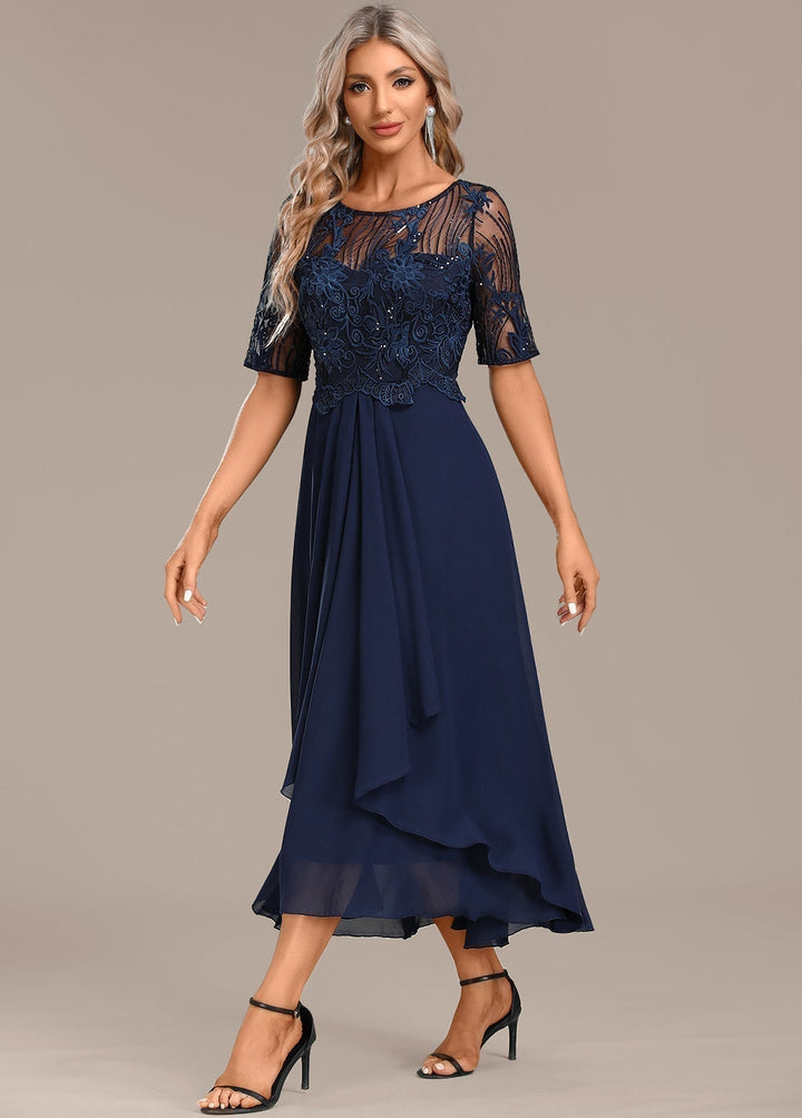 Sophisticated women's navy lace midi dress with short sleeves, ideal for formal events & evening wear.