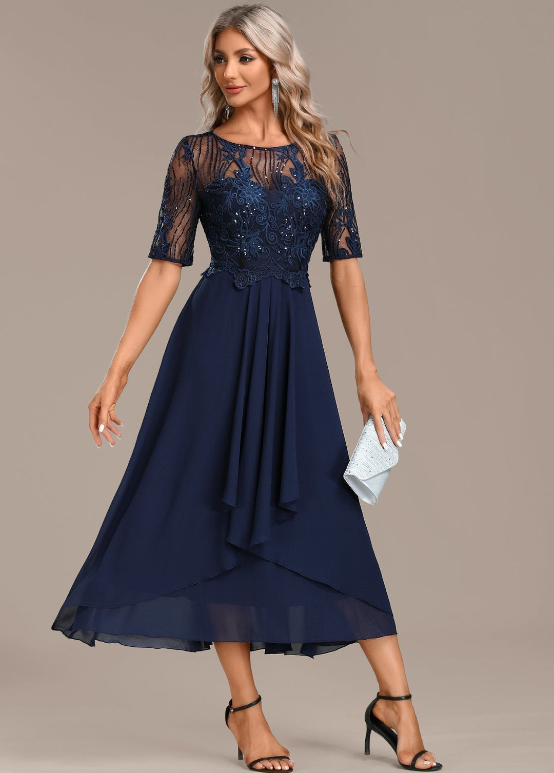 Stylish women's navy lace midi dress, designed for an elegant and sophisticated party or evening look.