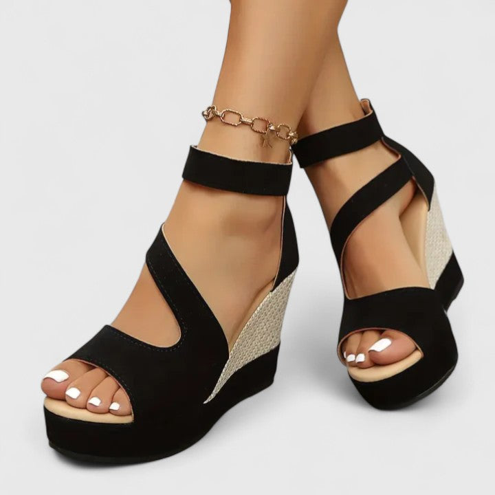 Women's black orthopedic wedge sandals, providing stylish comfort & arch support for casual summer elegance.
