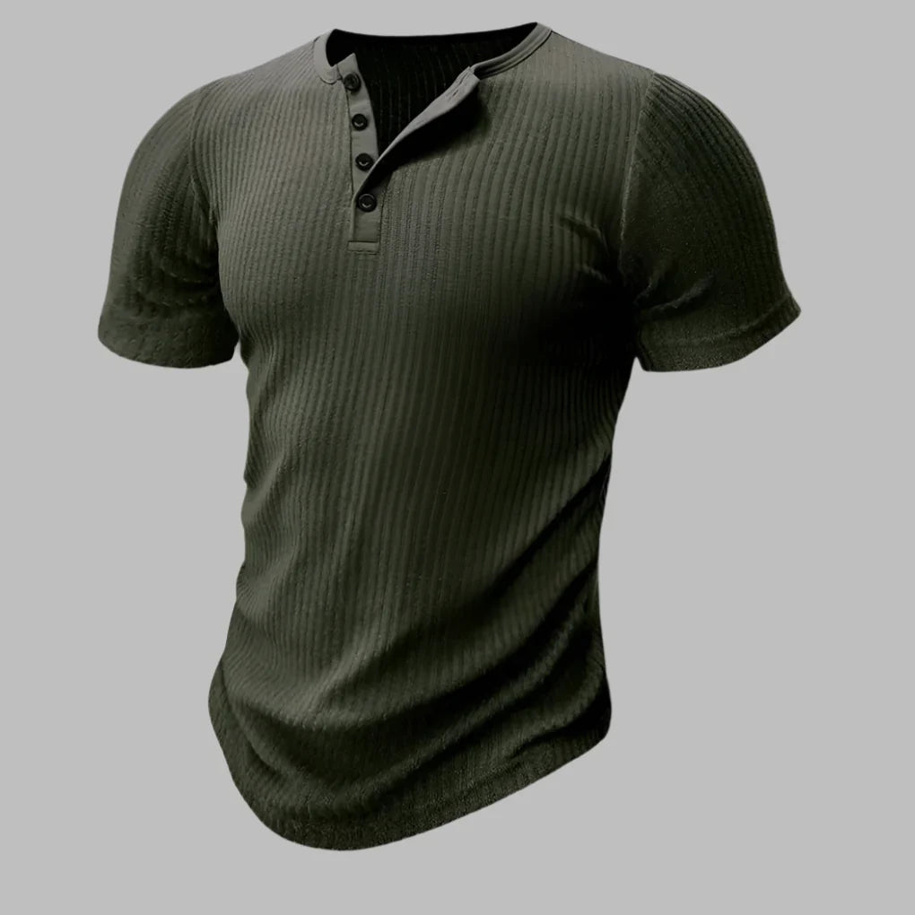 Modern men's muscle-fit Henley t-shirt, a fitted short sleeve basic tee for stylish casual wear.