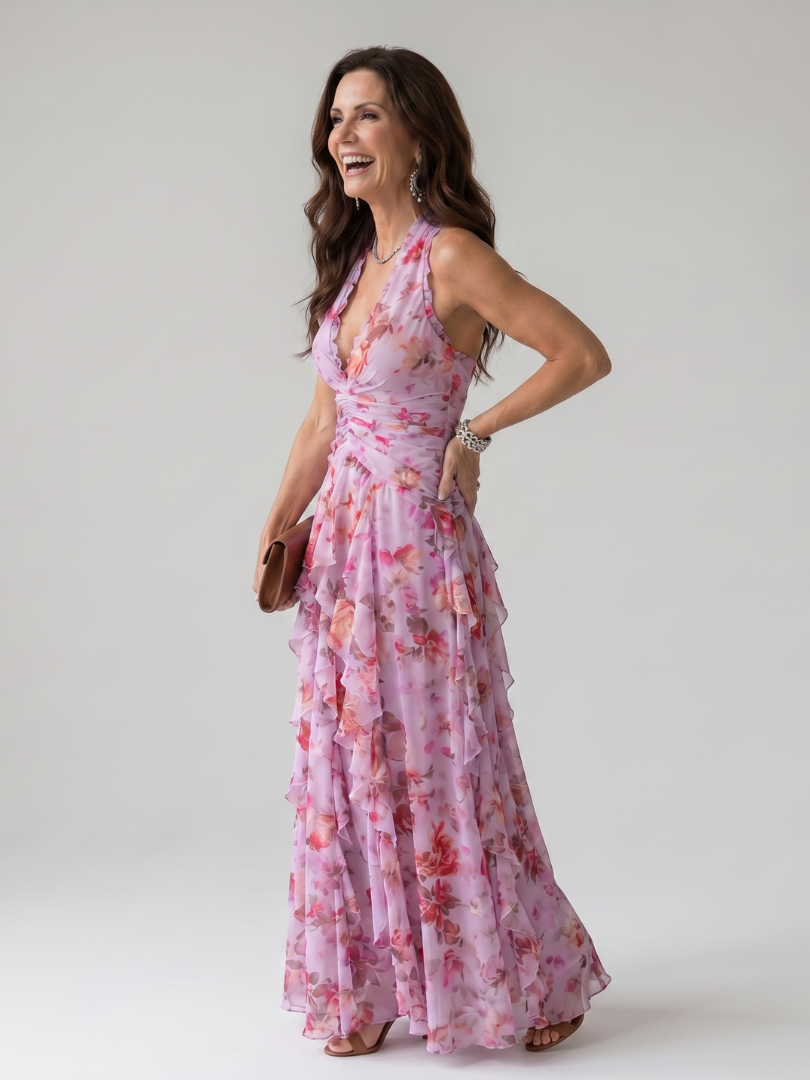 Elegant women's halter neck maxi dress with vibrant floral print, ruched bodice, and flowing ruffle skirt design. [[lstfy-media:2]]