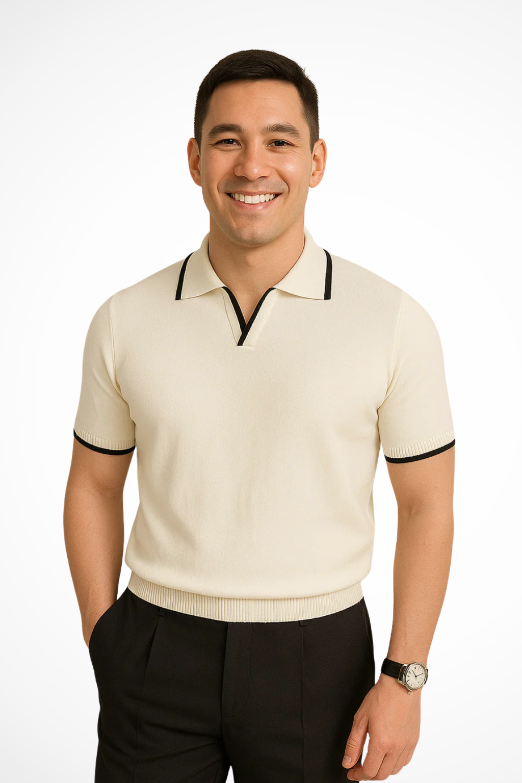 Stylish men's V-neck polo with elegant contrast trim detail, ideal for a refined everyday or smart casual outfit.