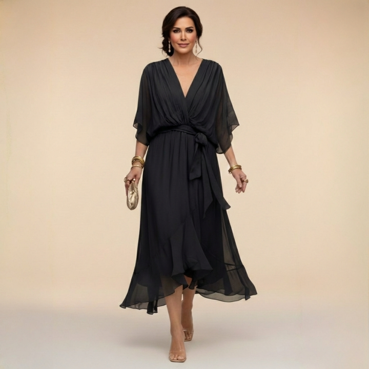 Stylish women's V-neck dress with flowy sleeves, ideal for elegant party & formal events.