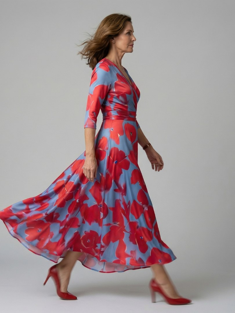 Stylish woman in floral cross wrap midi dress, flattering V-neck, ideal for casual or party wear.