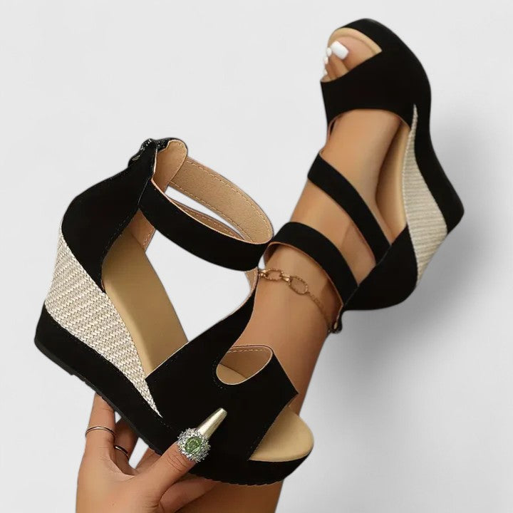 Black women's orthopedic wedge sandals, perfect for all-day comfort with arch support. Stylish summer footwear.