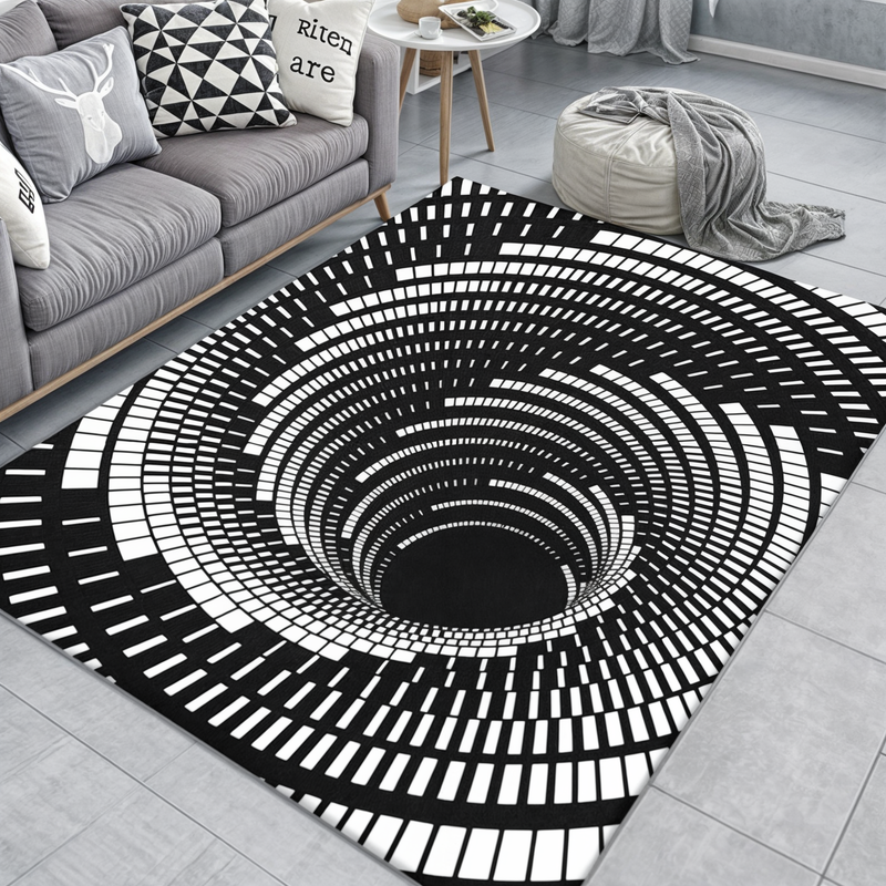 Non-slip, low-profile 3D optical illusion door mat. Geometric checkerboard pattern for modern indoor hall decor.