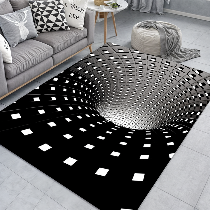 Striking 3D optical illusion door mat featuring a geometric checkerboard design. Perfect modern hall accent.