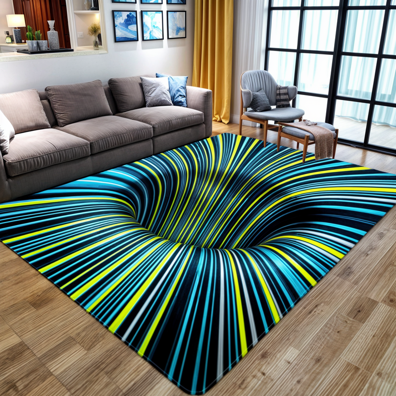 Unisex 3D optical illusion hall mat. Geometric checkerboard pattern enhances any entryway or indoor space.