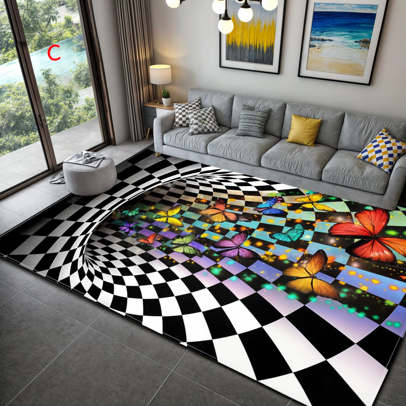 Geometric checkerboard 3D optical illusion door mat. Stylish and non-slip mat for a modern entryway.