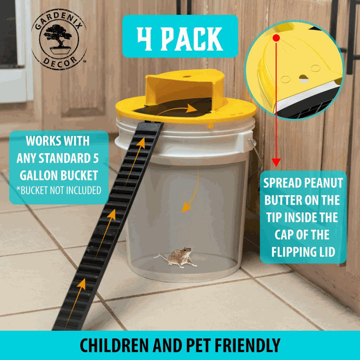 4-pack bucket lid mouse traps, humane rodent control solution for indoor & outdoor use