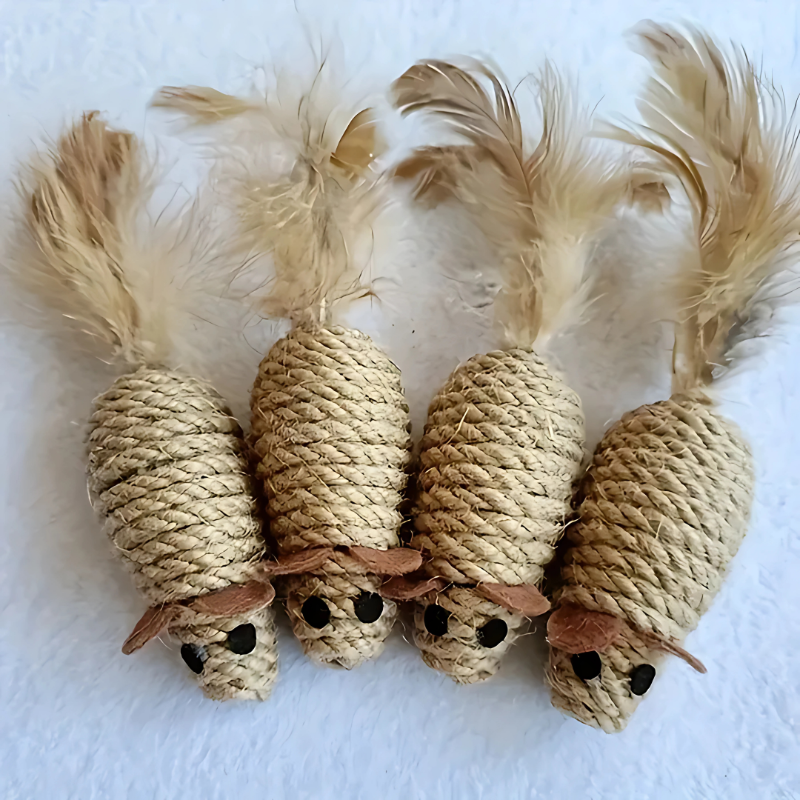4-pack interactive cat mouse toys with sisal & feathers for active play, exercise, and feline enrichment.