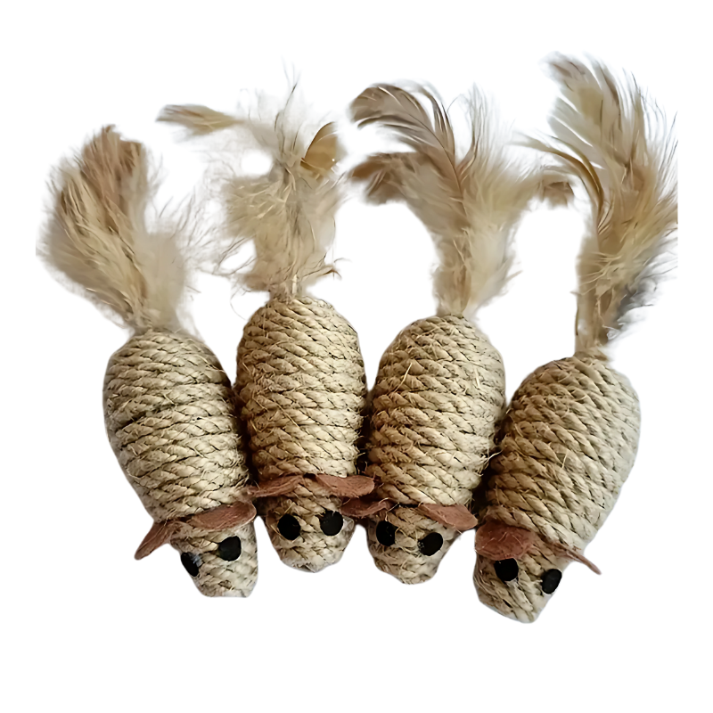 Engage your cat with a 4-pack of interactive mouse toys featuring sisal & feather for exercise and playtime fun.