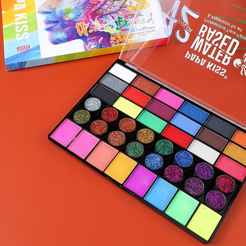 42-Color water-based face & body paint set with brushes, perfect for creative art, festivals, and costumes. Skin safe.