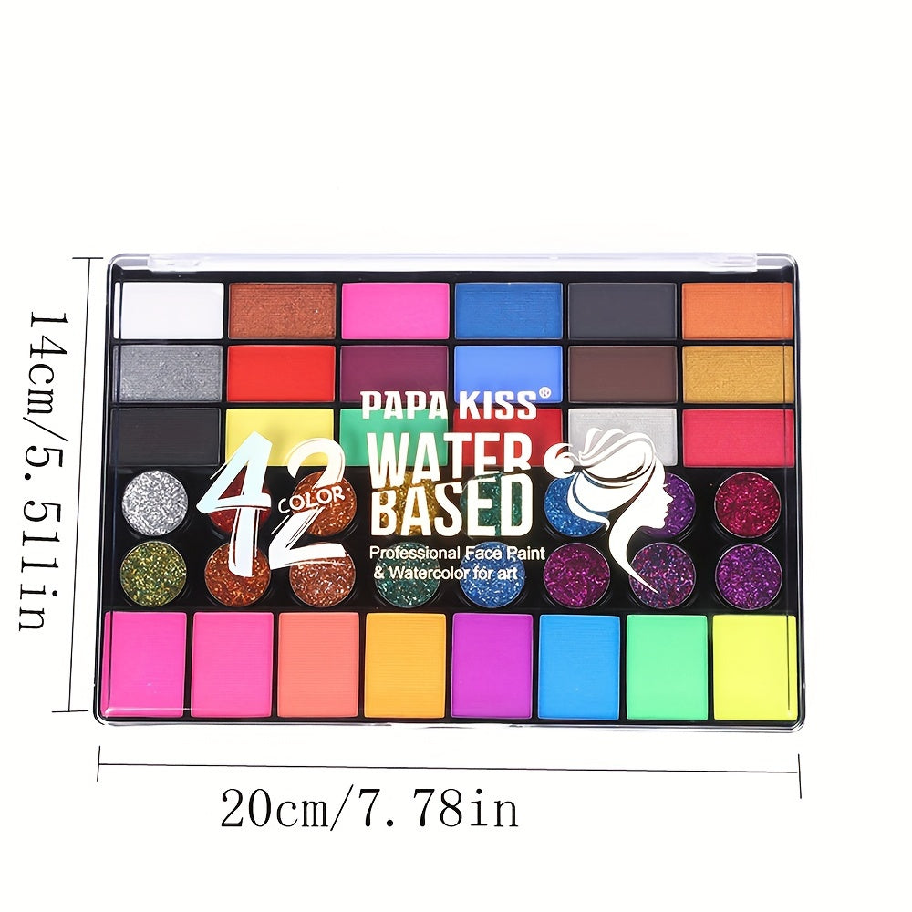 Vibrant 42-color water-based face & body paint palette, including glitter, ideal for artistic makeup, cosplay, & crafts.
