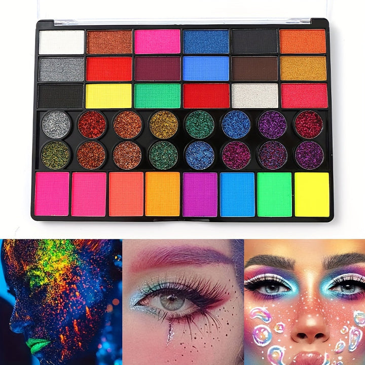 Complete 42-color water-based face & body paint set with brushes and skin-safe pigments for artists and costume design.