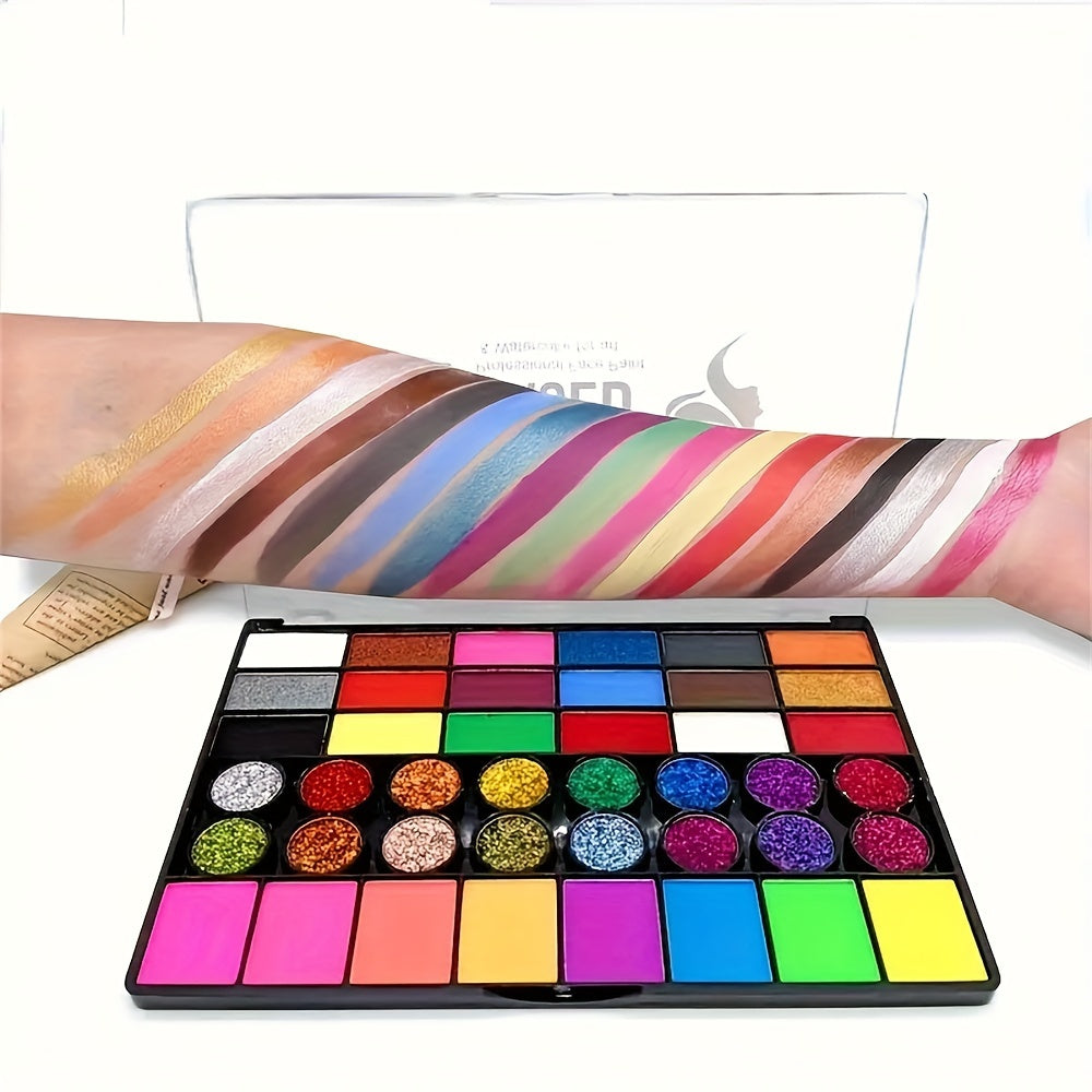 Skin-safe, water-based 42-color face & body paint set for easy application & removal. Ideal for creative art & events.