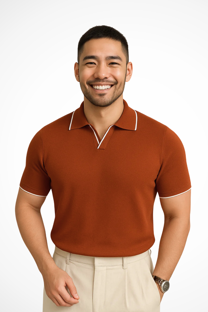 Men's slim fit polo top in grey, featuring a distinct contrast trim on collar & cuffs, combining comfort & modern fashion.