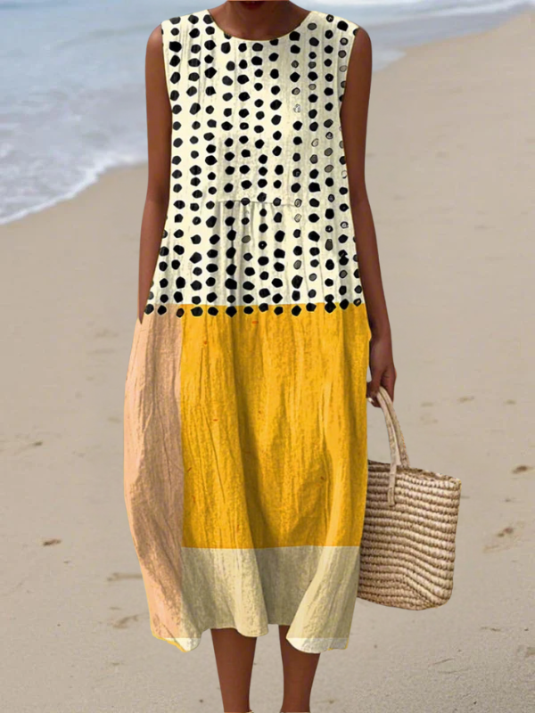 Women's polka dot colorblock midi dress, an elegant & versatile choice for summer casual wear.