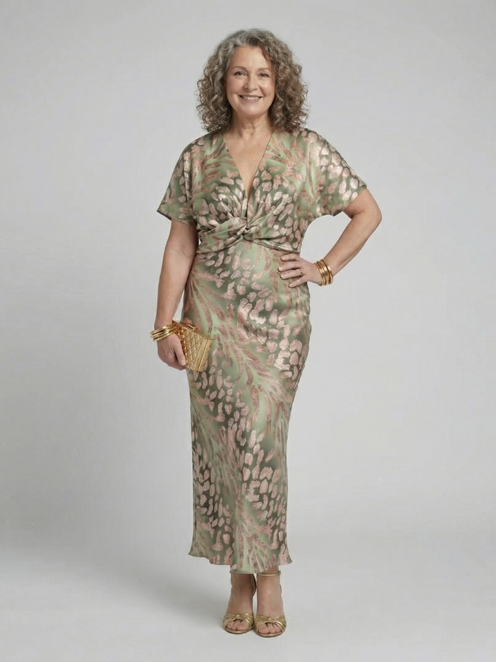 Green abstract print midi dress for women. Elegant V-neck, short sleeves, and a flattering twist waist make it versatile.