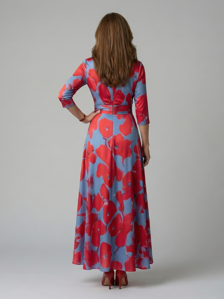 Flowing mid-length floral wrap dress for women, elegant cross design, flattering fit.