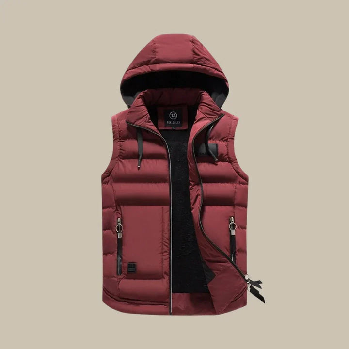 Men's warm padded winter vest with a cozy hood, ideal for outdoor activities & men's fashion layering.