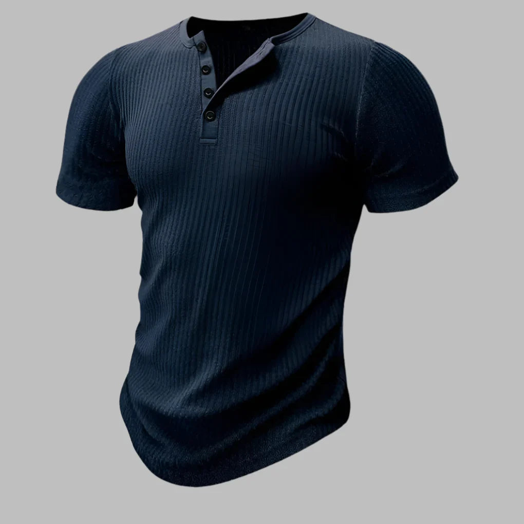 Spring/Summer men's fashion: muscle-fit Henley t-shirt, fitted short sleeve for a sculpted, stylish look.