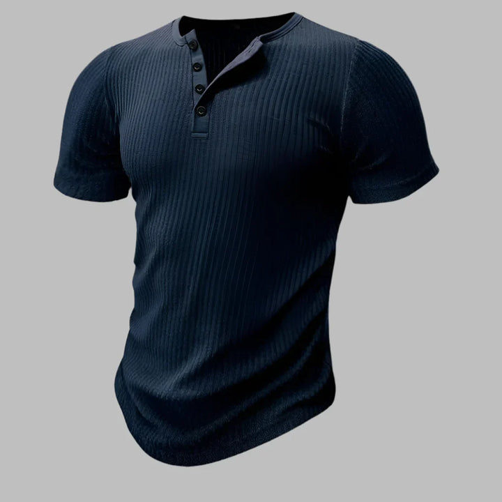 Spring/Summer men's fashion: muscle-fit Henley t-shirt, fitted short sleeve for a sculpted, stylish look.