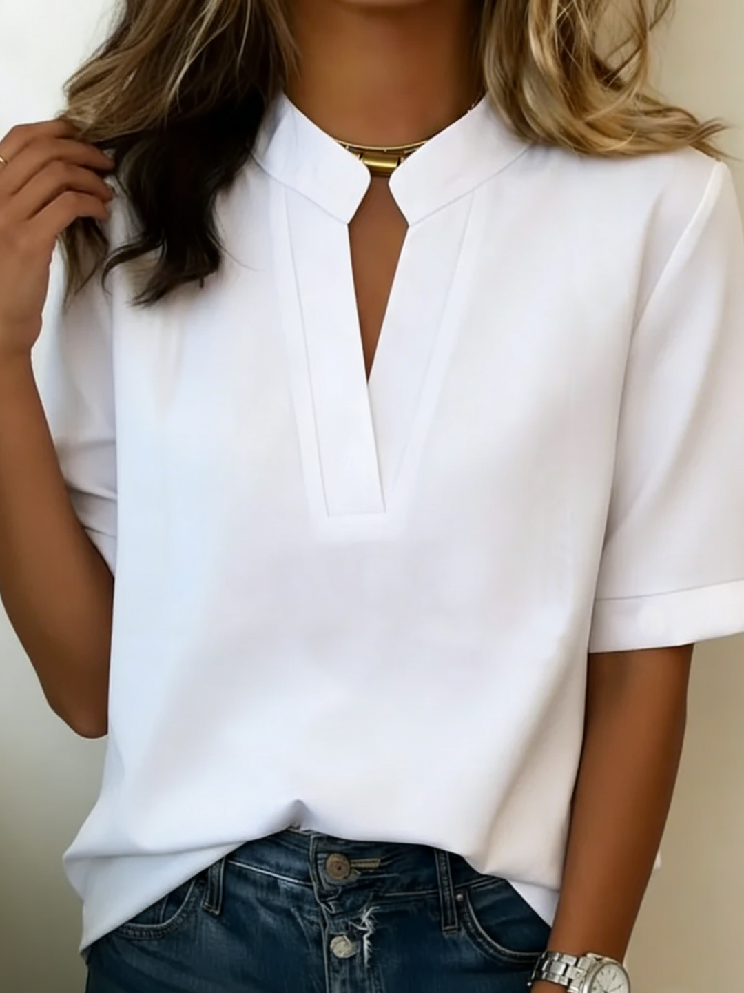 Versatile women's V-neck short sleeve top, great for office wear, casual outings, and fashion.