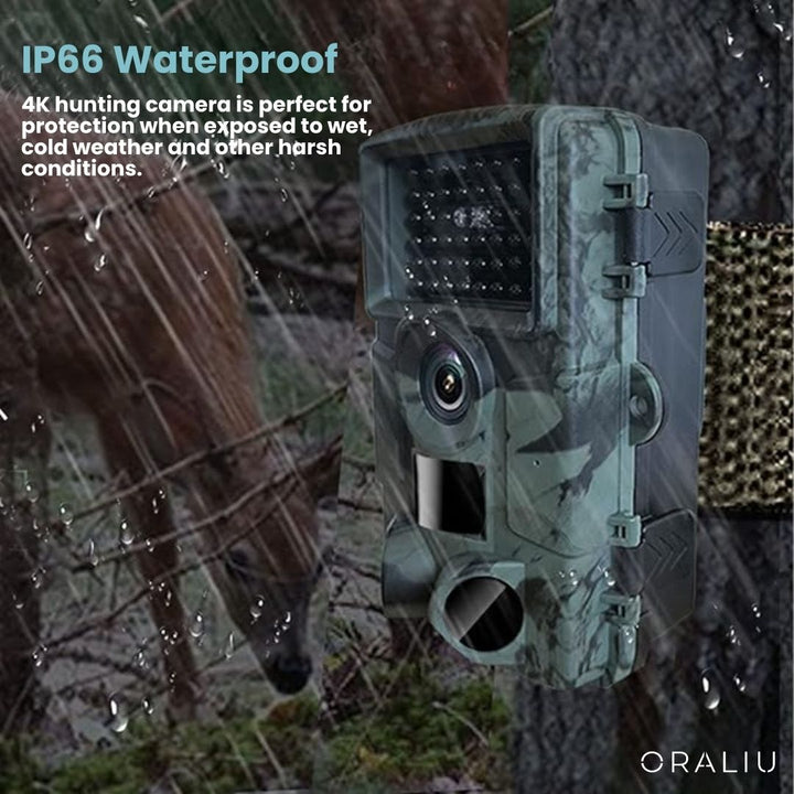 Smartphone displaying live feed from an app-controlled 4K trail camera, enabling remote monitoring.