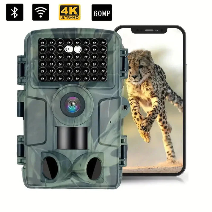 Wildlife camera with active motion detection, poised to capture animals with its 60MP resolution.