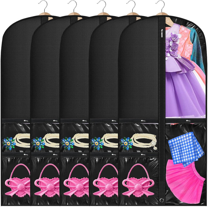 5-pack clear garment bags for dance costumes & theatre outfits. Protective, portable storage for travel & organization.