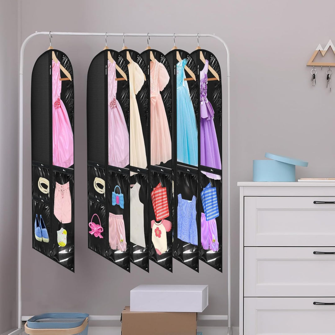 Clear window garment bags, 5-pack, for dance costumes. Easy organization & content view for travel & protection.