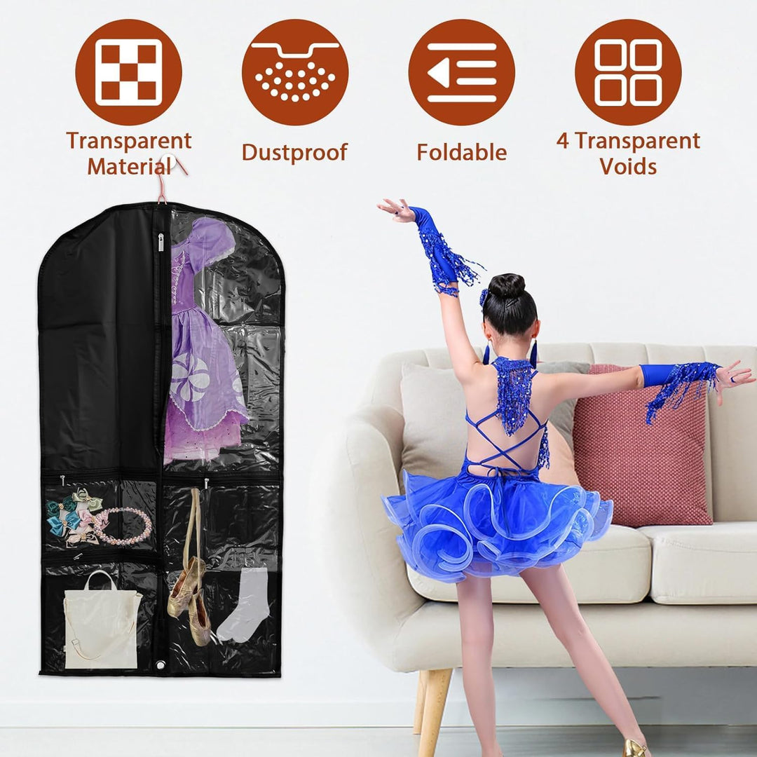 Organize dance costumes with this 5-pack of clear garment bags. Perfect for protective storage, travel, and theatre.
